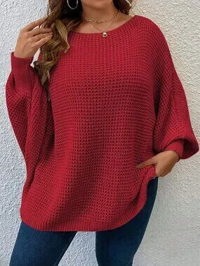 ZARA Red Casual Women's Plus Size Round Neck Batwing Long Sleeve knit Sweater